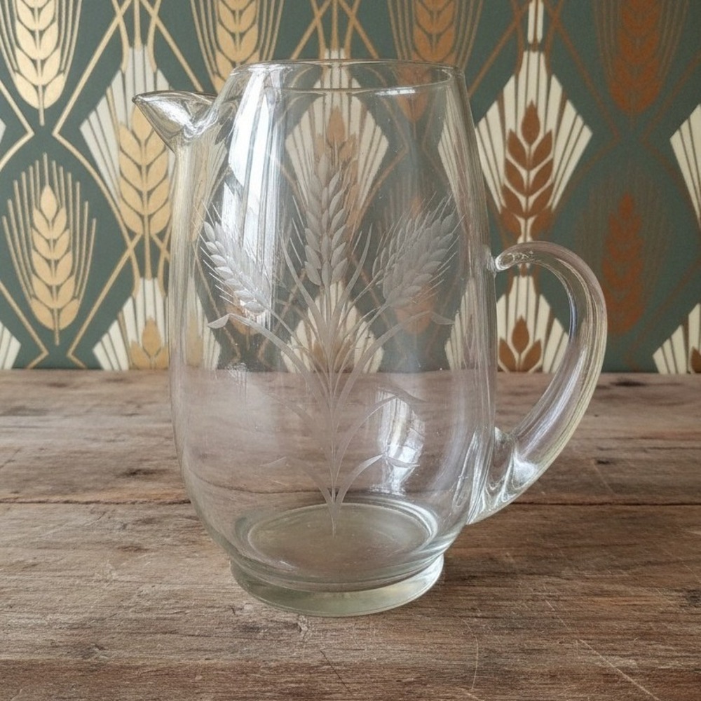 Dale Moore Etched Wheat Design Pitcher, Vintage Clear Glass Jug, Tableware